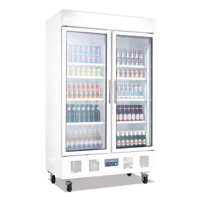 White double-door commercial beverage refrigerator stocked with drinks on wheels