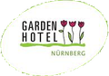 Logo des Garden Hotel Nürnberg mit grünem Oval, schwarzem Text und rosa Tulpen