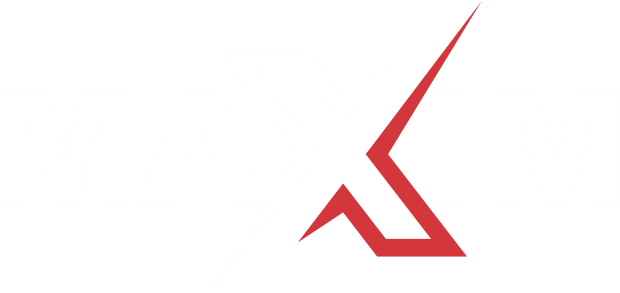 A red and white logo on a white background.