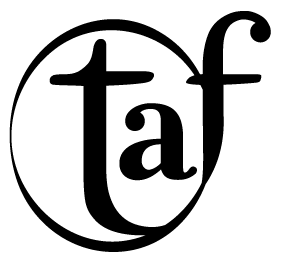 A black and white logo with the letter taf in a circle