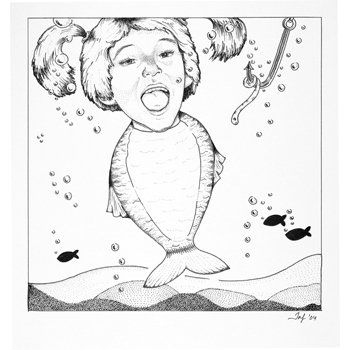 A black and white drawing of a girl dressed as a fish