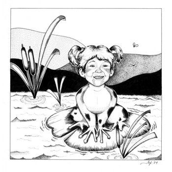 A black and white drawing of a girl dressed as a frog in a pond.