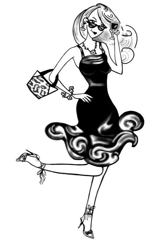 A black and white drawing of a woman in a black dress