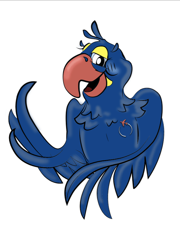 A cartoon drawing of a blue parrot with a red beak