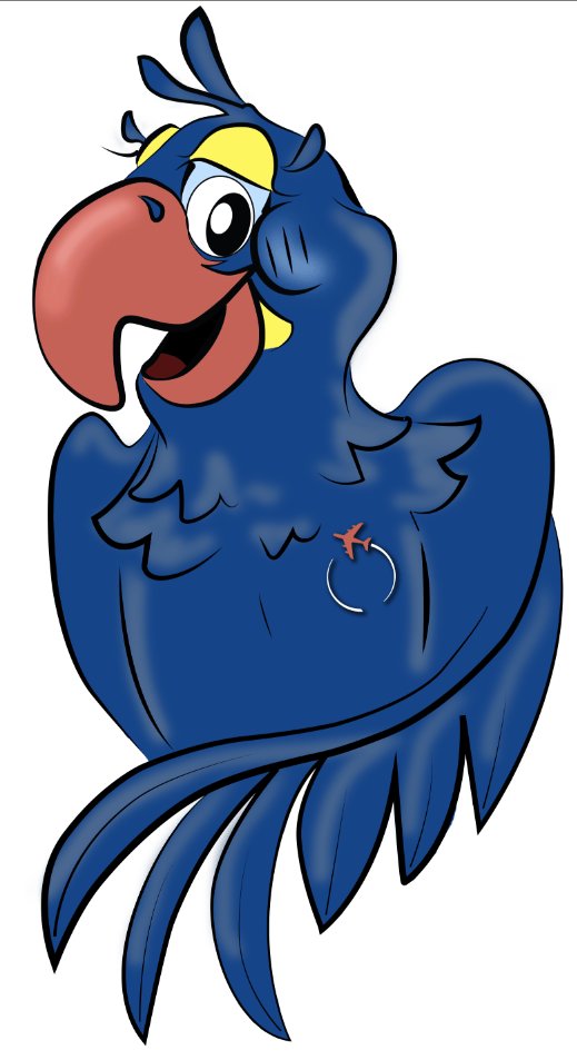 A cartoon drawing of a blue parrot with a red beak