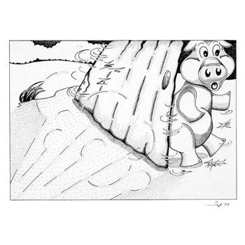 A black and white drawing of a pig standing next to a tire.
