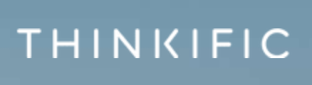 The word thinkific is written in white on a blue background