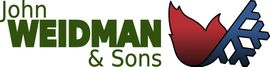 A logo for john meidman & sons with a red and blue flame