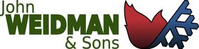 A logo for john meidman & sons with a red and blue flame