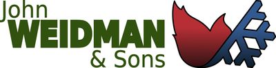 A logo for john meidman & sons with a red and blue flame