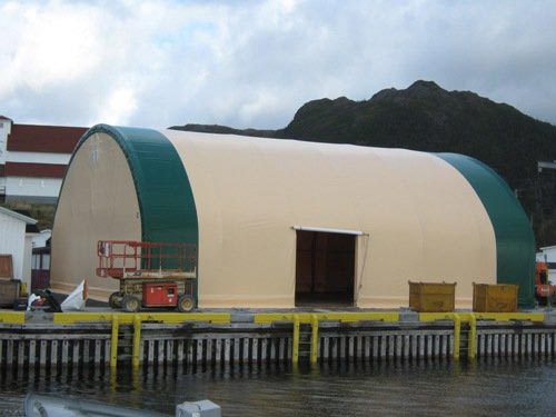 cover-tech inc. 62' x 80' palletized fish meal storage dock side STRAIGHT WALL FABRIC BUILDINGS