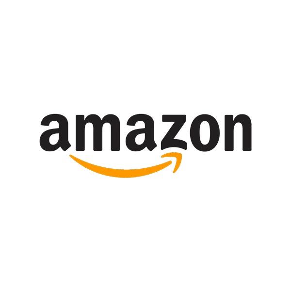 The amazon logo is black and orange and has a smile on it.