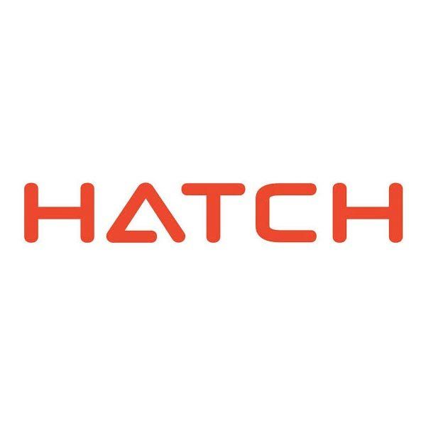 The logo for hatch is red and white on a white background.