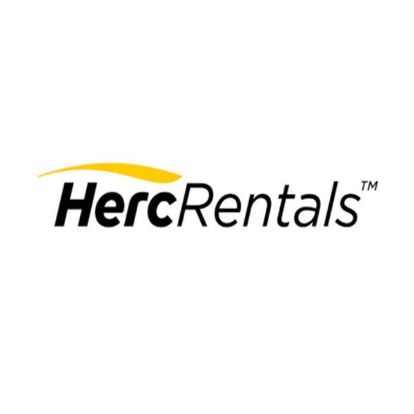 The herc rentals logo is black and yellow on a white background.