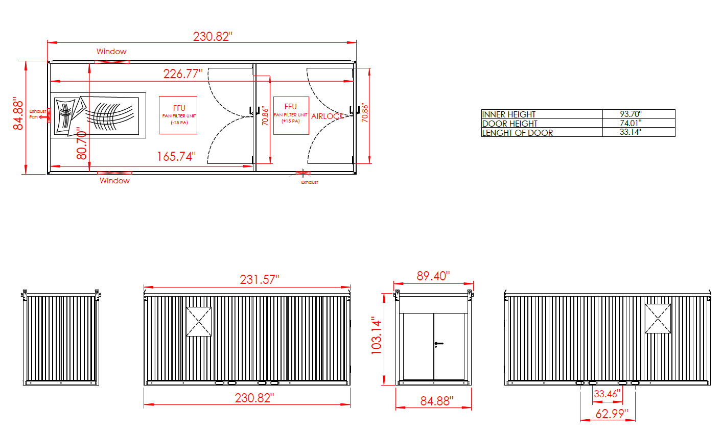 Diagram of a shipping container converted into a small building, with top-down floor plan and side elevations. 