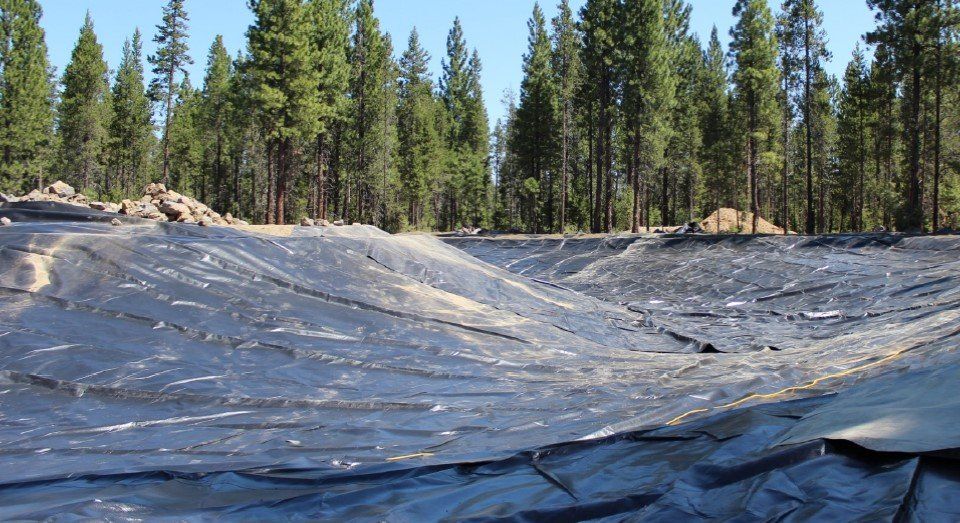 A large, black-lined basin in a forest clearing. Tall trees are in the background. Cover-Tech Pond Liners/Tank Liners.