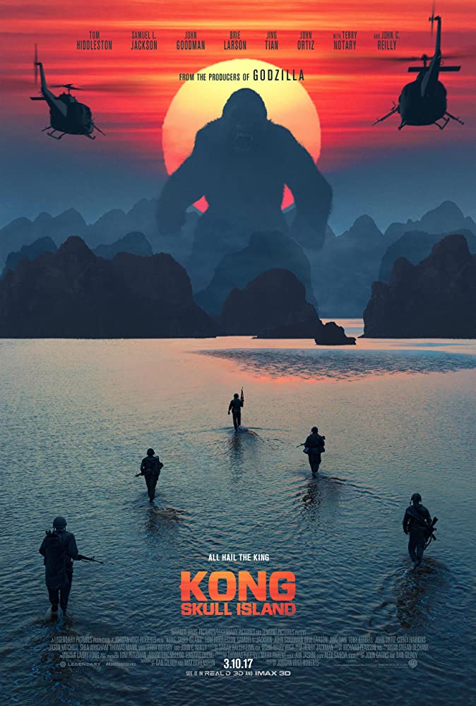 A movie poster for kong skull island shows a group of people walking in the water.