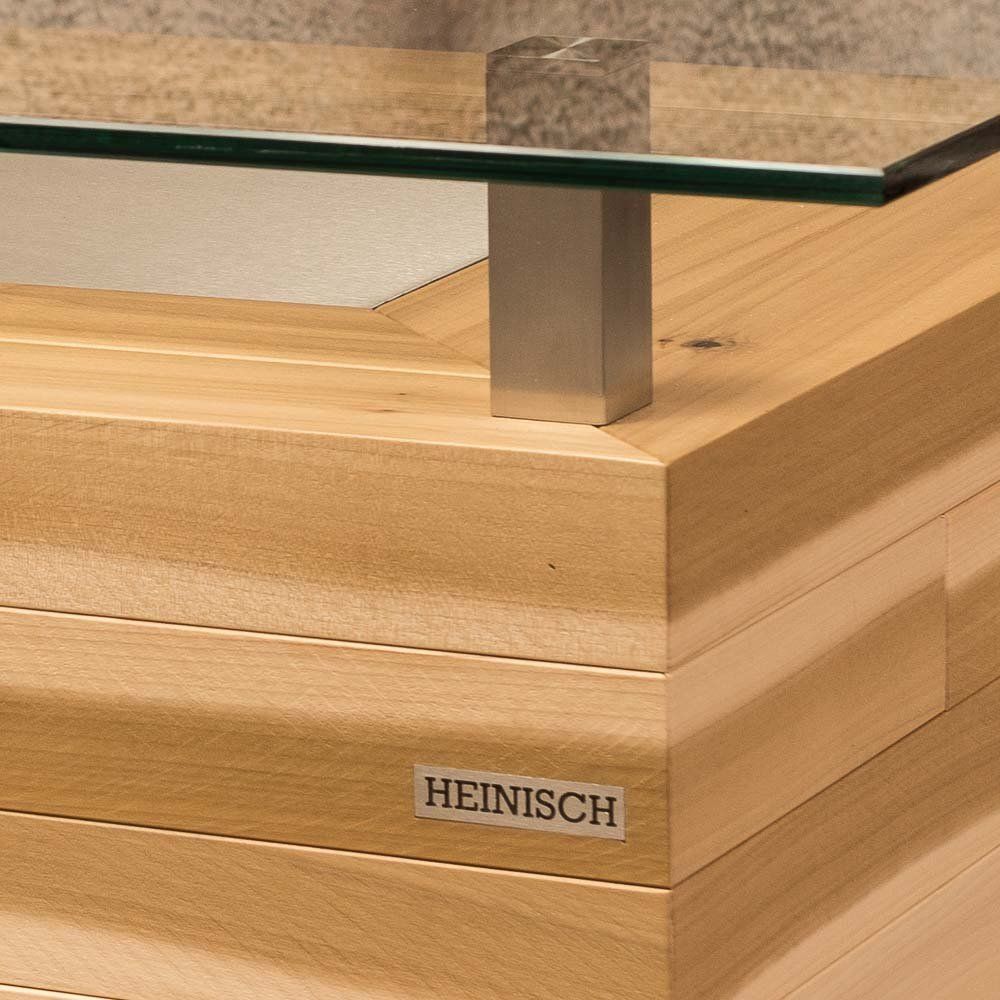 Die Heinisch - Wohntische, Wohntisch und Couchtisch mit Beleuchtung und kundenspezialisiertem Text oder Logo, sofa table with lighting  and customized text or logo, Glasstischplatte, Glass tabletop, luxury, Möbelmanufaktur, Heinisch Manufactory, modern, customized