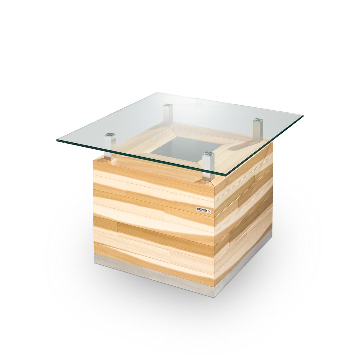 Die Heinisch - Wohntische, Wohntisch und Couchtisch mit Beleuchtung und kundenspezialisiertem Text oder Logo, sofa table with lighting  and customized text or logo, Glasstischplatte, Glass tabletop, luxury, Möbelmanufaktur, Heinisch Manufactory, modern, customized
