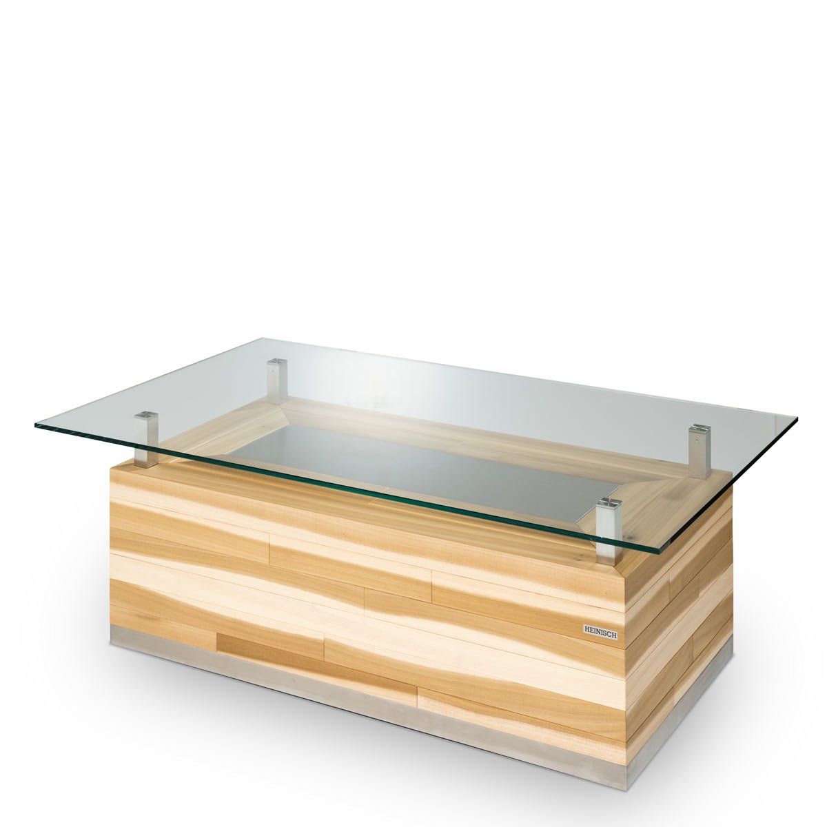Die Heinisch - Wohntische, Wohntisch und Couchtisch mit Beleuchtung und kundenspezialisiertem Text oder Logo, sofa table with lighting  and customized text or logo, Glasstischplatte, Glass tabletop, luxury, Möbelmanufaktur, Heinisch Manufactory, modern, customized
