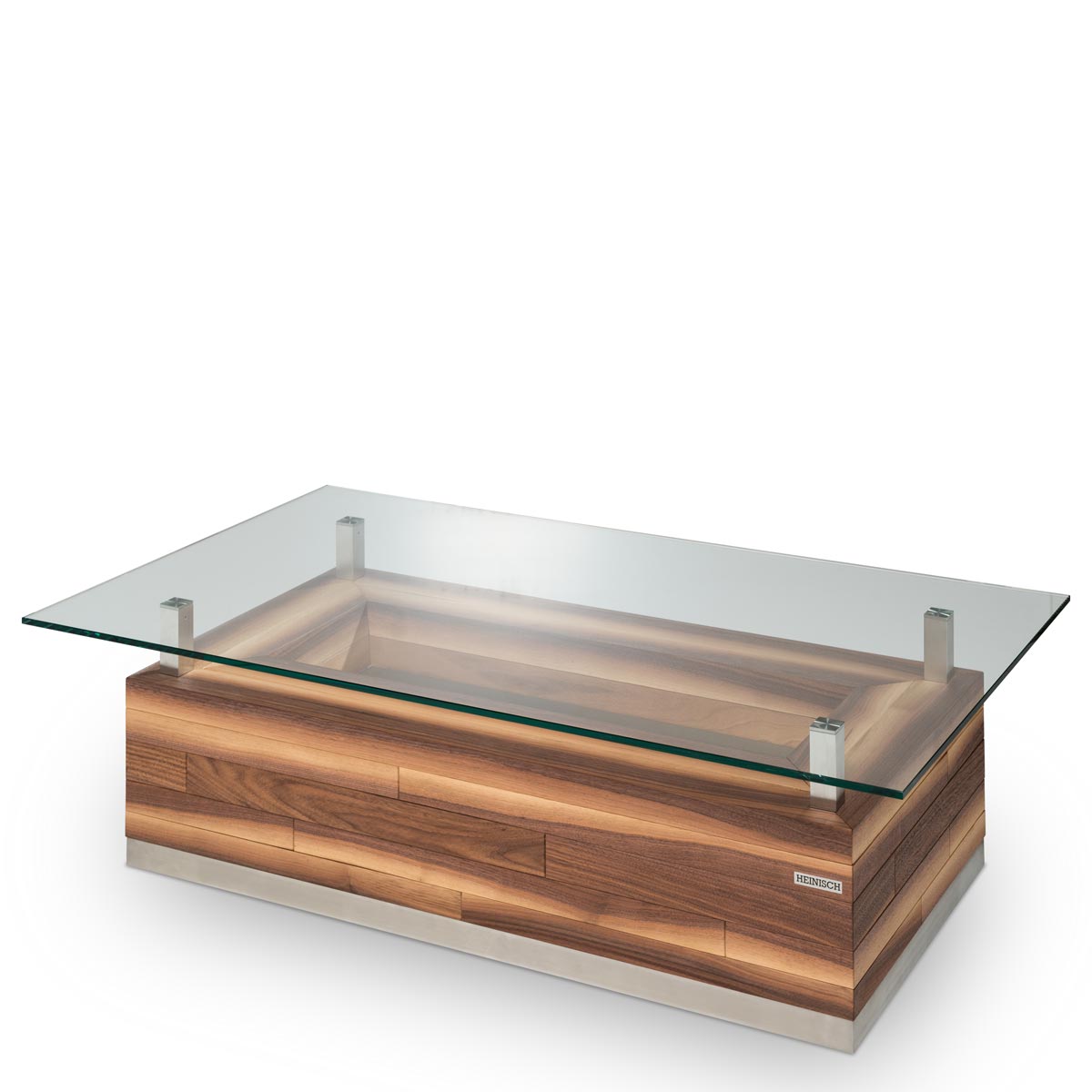 Die Heinisch - Wohntische, Wohntisch und Couchtisch mit Beleuchtung und kundenspezialisiertem Text oder Logo, sofa table with lighting  and customized text or logo, Glasstischplatte, Glass tabletop, luxury, Möbelmanufaktur, Heinisch Manufactory, modern, customized
