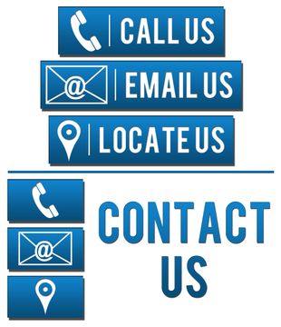 Contact options: Call, email, locate us. Blue buttons with white icons and text.
