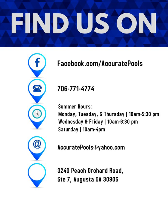 Promotional graphic for Accurate Pools: Facebook, phone, summer hours, email, and address in Augusta, GA.