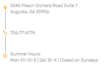Contact information: address, phone number, and summer hours for a business.