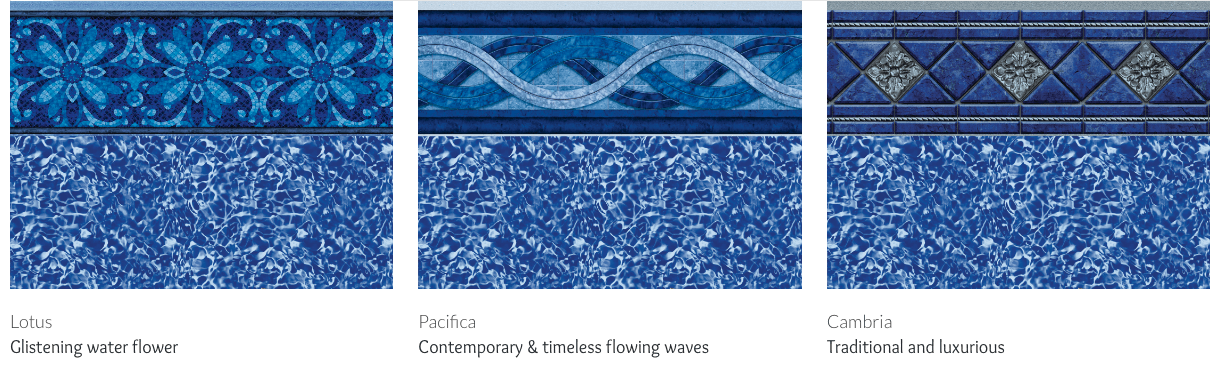 Three pool liner designs with blue patterns. Left: 