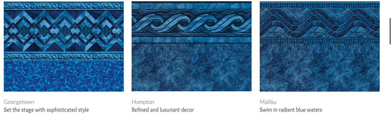 Three blue pool liner patterns: geometric, wave, and textured wave design.