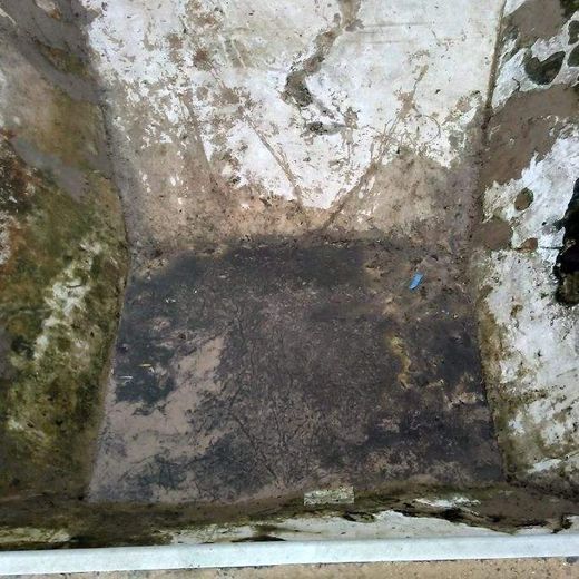 Dirty, stained, empty trough with dark, black patches and green moss.