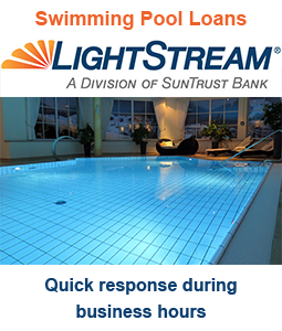 LightStream ad for swimming pool loans; pool illuminated indoors. Quick response during business hours.