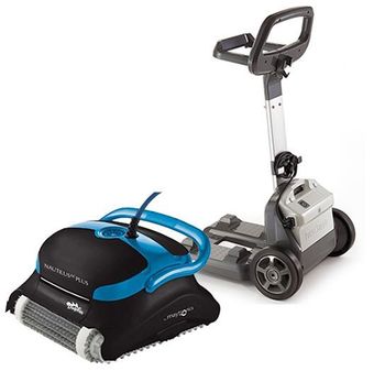 Blue and black robotic pool cleaner with a gray caddy.