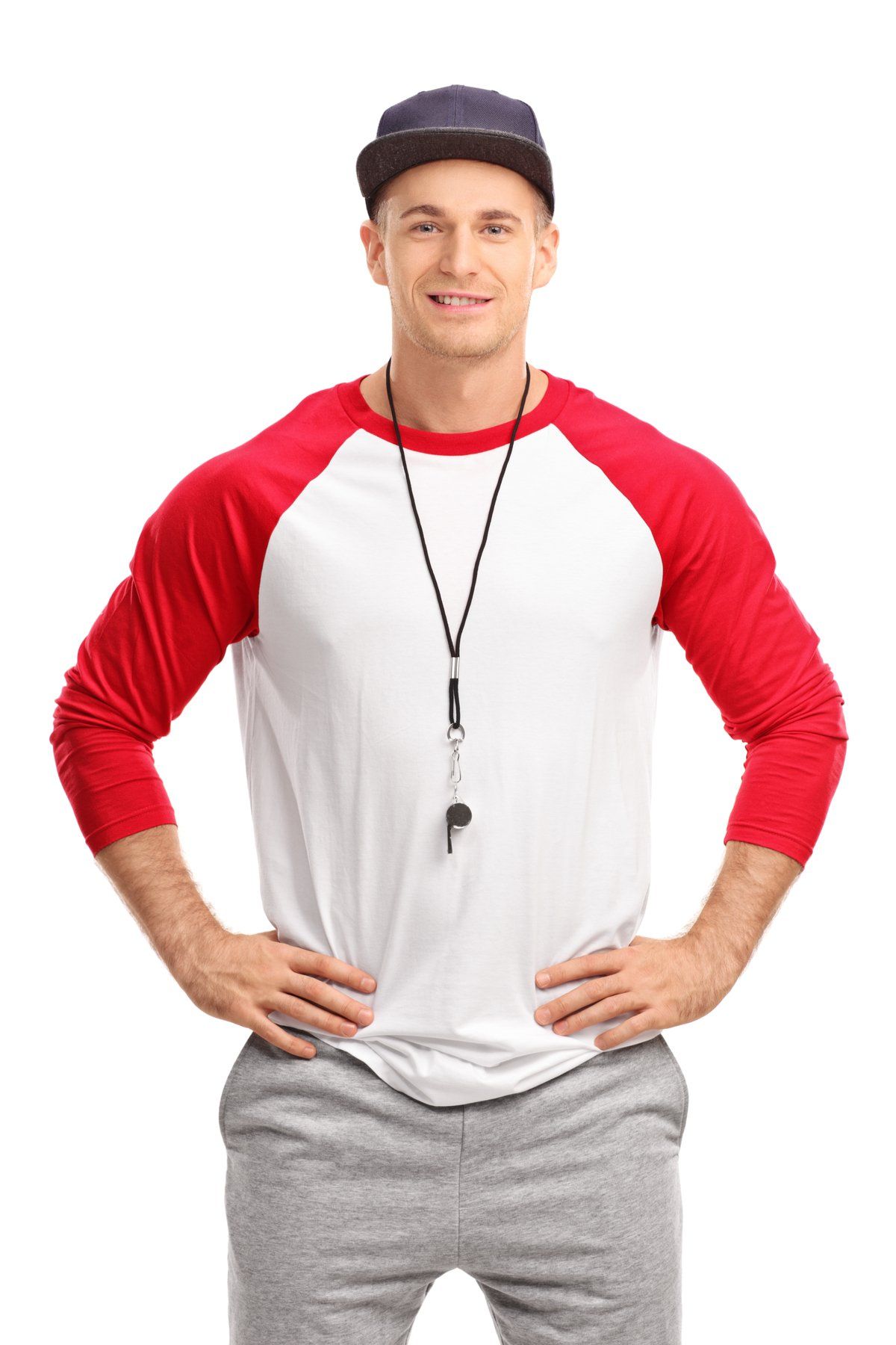 A man in a red and white Coach uniform