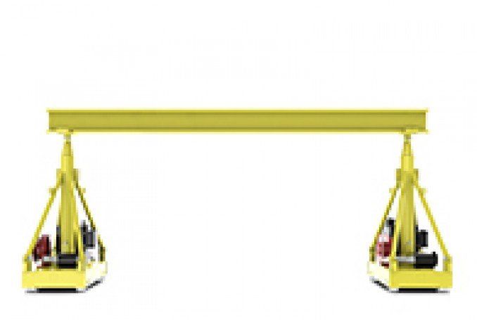 Yellow portable gantry crane with adjustable legs and horizontal beam, set against a white background.