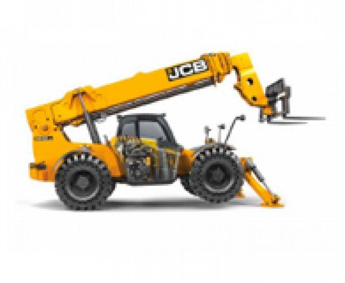 Yellow JCB telehandler with forks extended, on a construction site.