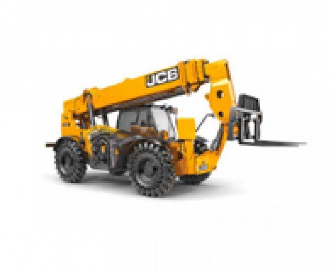 Yellow JCB telescopic handler with forks extended.