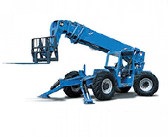 Blue telehandler with extended boom and forks, outdoors.