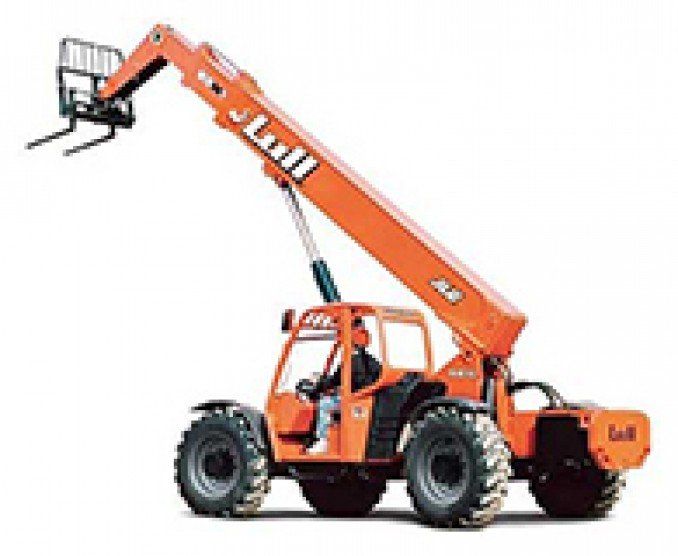 Orange JLG telehandler with raised boom and forks; operator in cab.