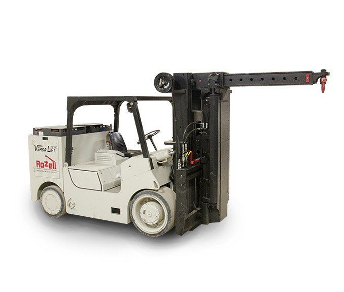 White industrial forklift with an attached jib extending outward.
