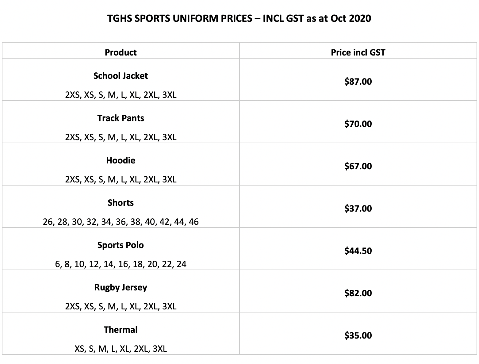 A table showing the prices of different types of sports uniforms.