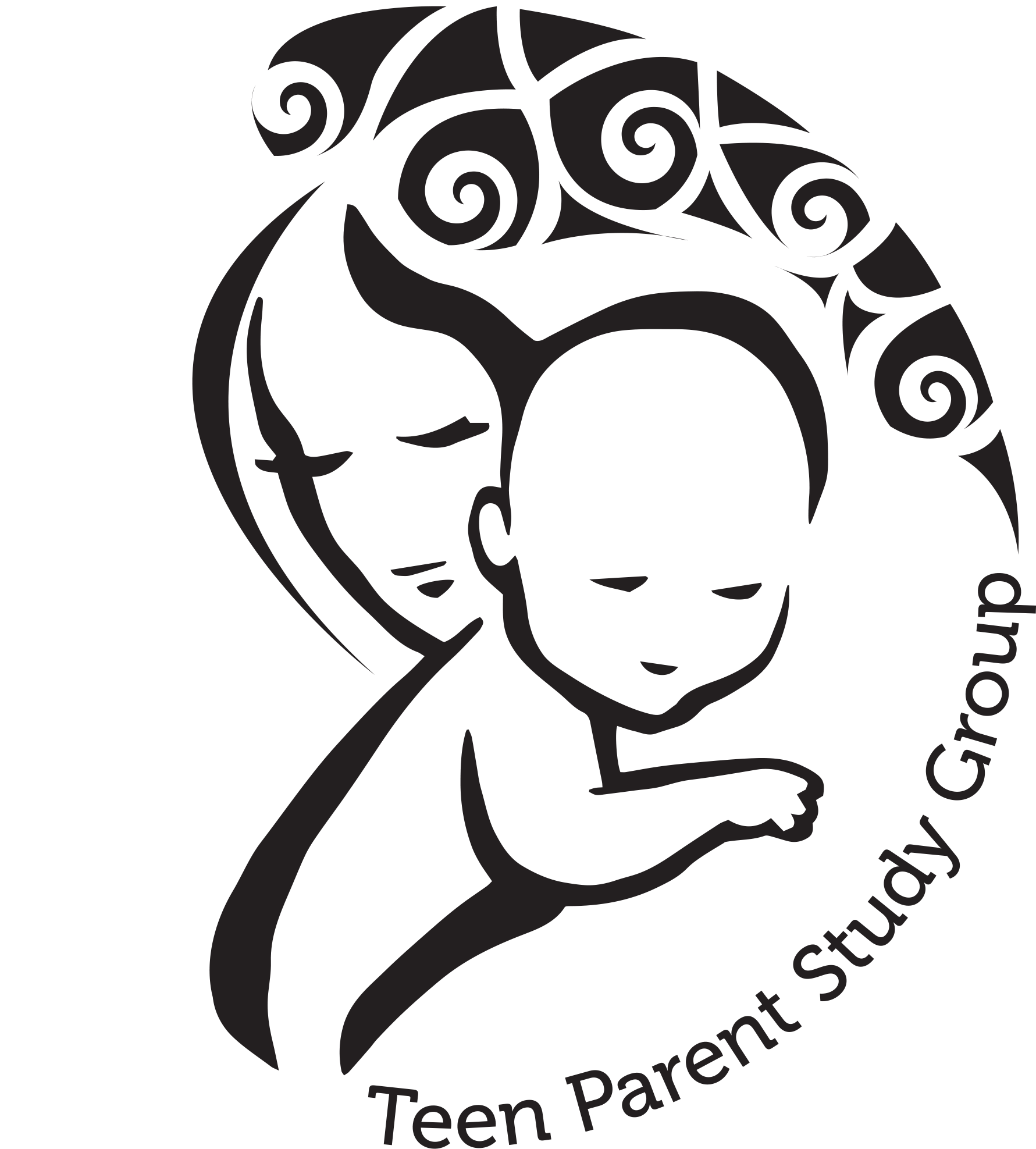 The logo for the teen parent study group shows a woman holding a baby.
