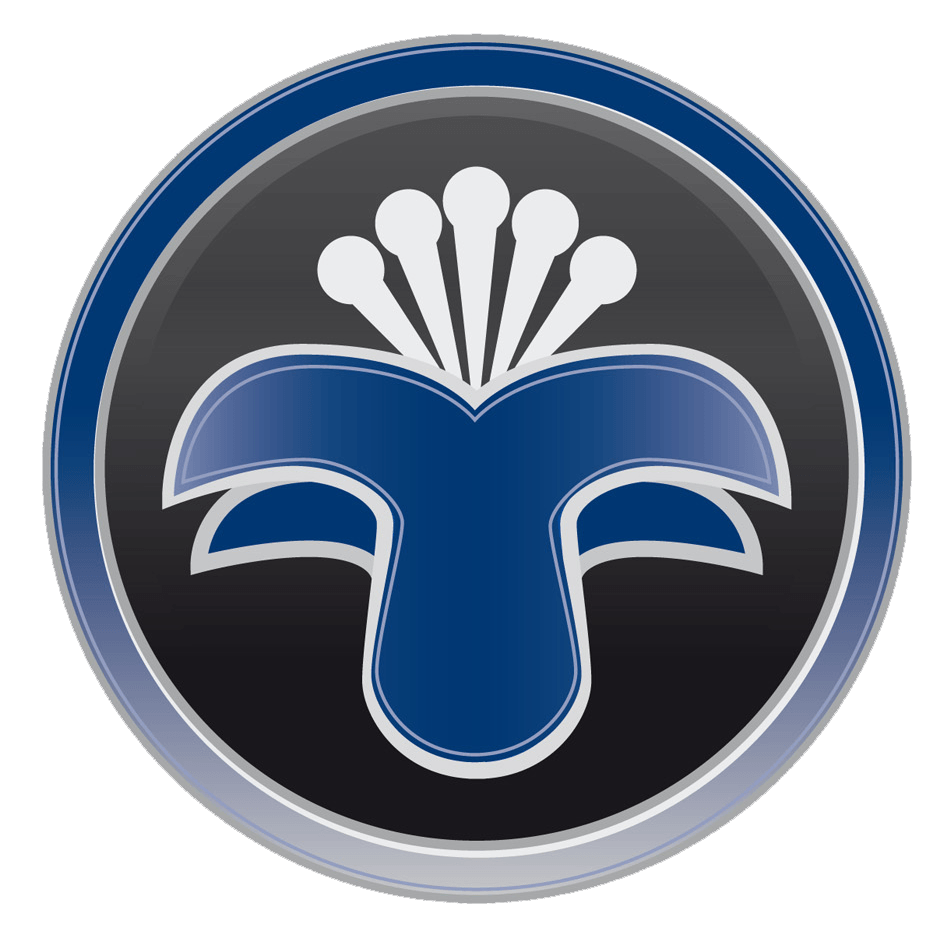 A blue circle with a white flower on it