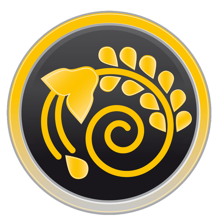 A yellow and black logo with a swirl and leaves
