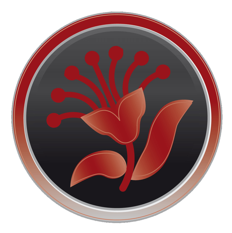 A red flower in a black circle on a white background