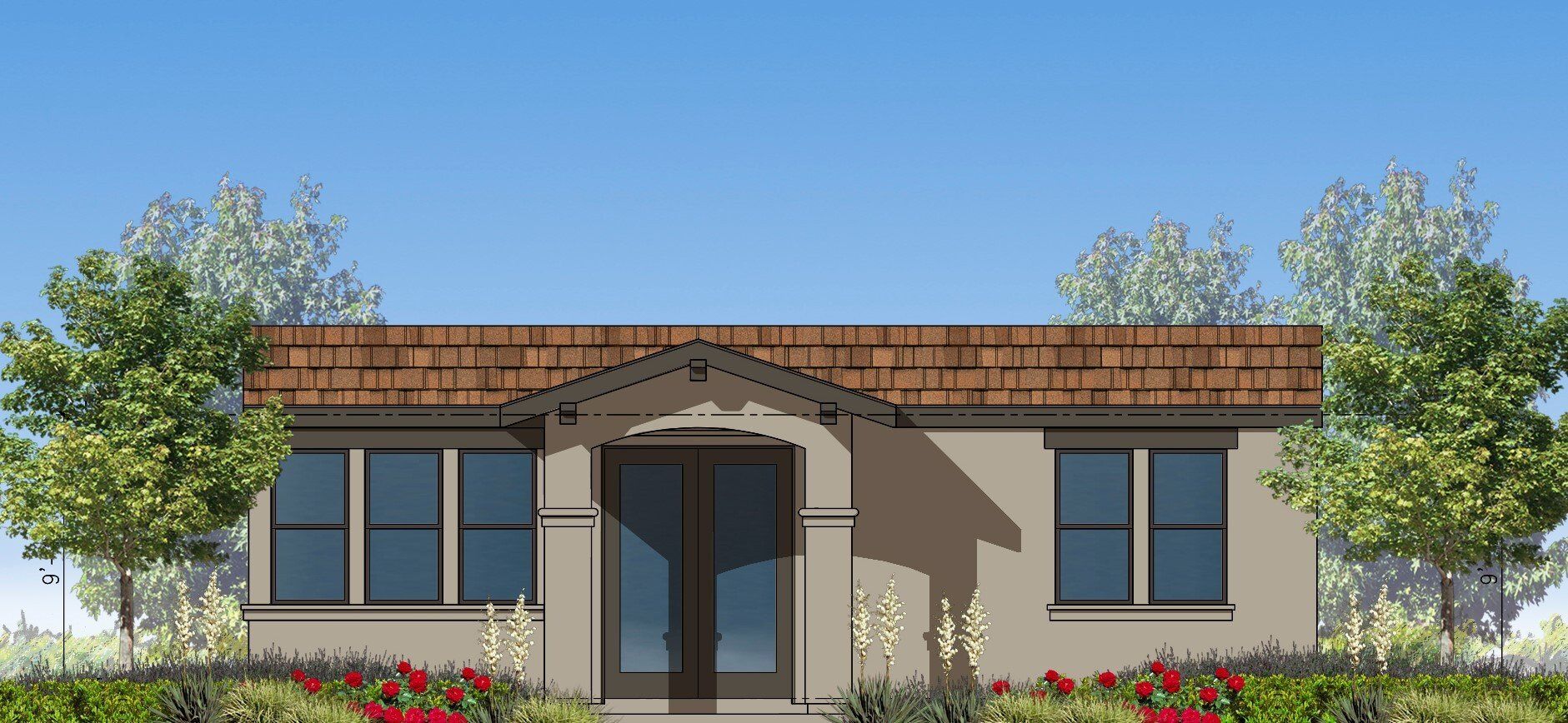 Perpetual Homes ADU: A home with brown roof, beige walls, and a blue sky. There are trees on each side and red flowers below.