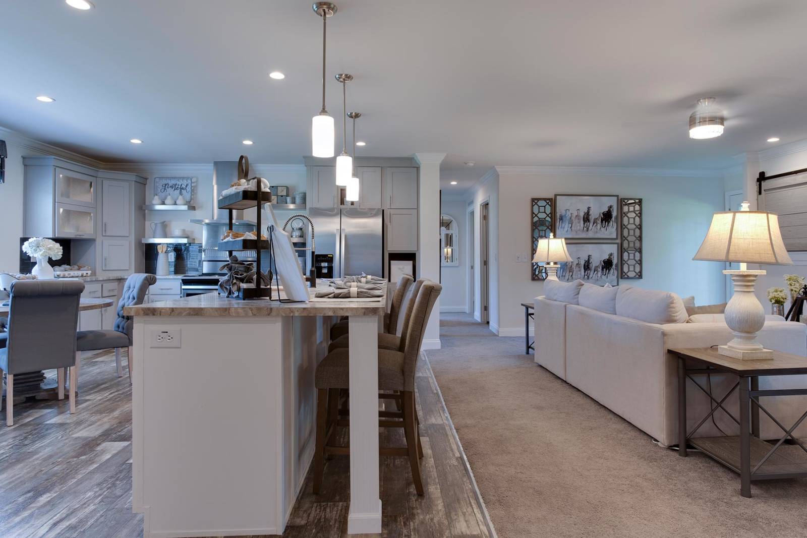 Open Kitchen with Island Seating and Livingroom