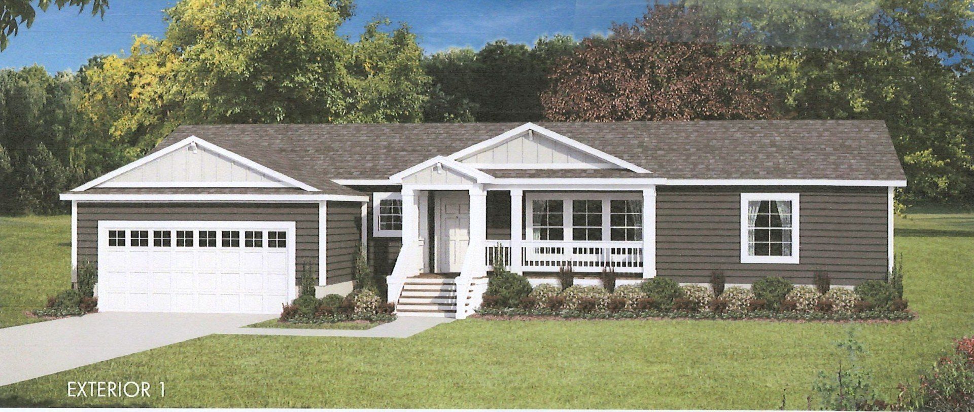 Perpetual Homes ADU: Exterior view of a one-story house with a garage and porch. Brown siding, white trim, and a green lawn.