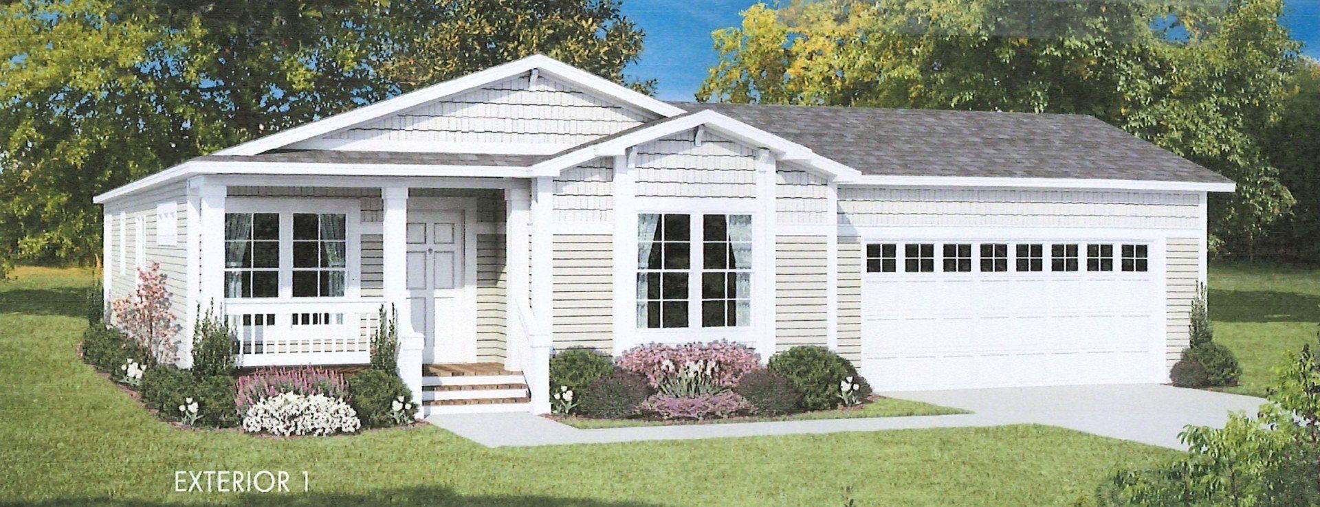 Perpetual Homes ADU: A white house with a porch and garage, surrounded by greenery and trees.
