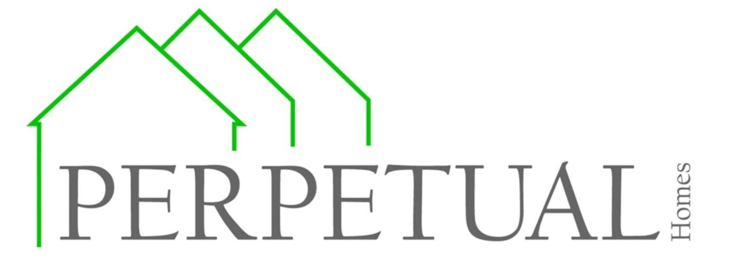 Green outline of houses above the word 